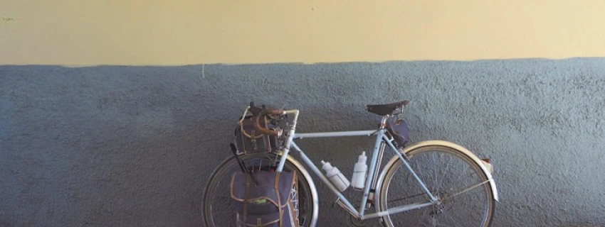 Ein Fahrrad lehnt an einer Wand, die mit Skulpturen, von Wappen und einem Löwen, geschmückt ist