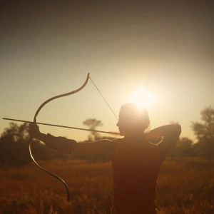 Eine Bogenschützin steht mit gespanntem Bogen in der untergehenden Sonne.