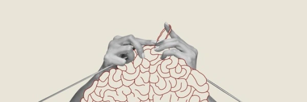 Zwei Hände stricken ein Gehirn.