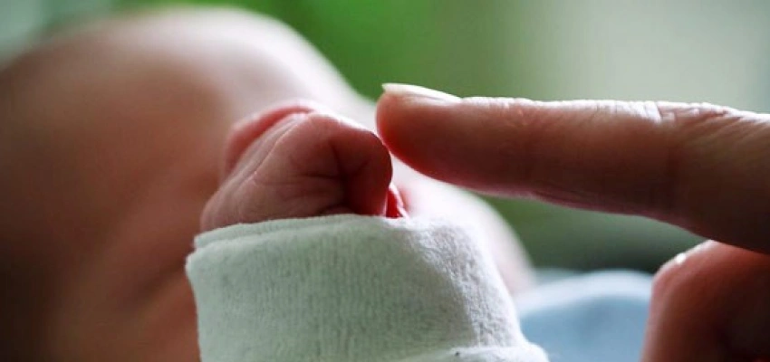 ein Zeigefinger berührt die Hand eines Babys