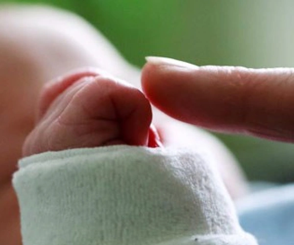 ein Zeigefinger berührt die Hand eines Babys