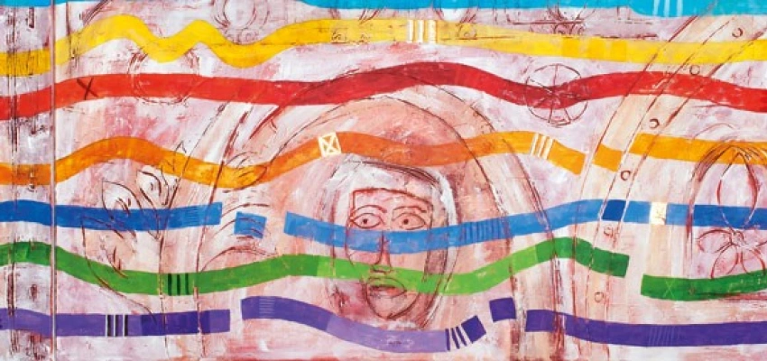 altes Gemälde mit horizontalen bunten Streifen teilweise übermalt