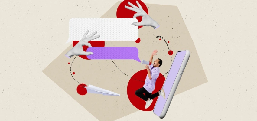 Mann springt mit Megafon aus einem Smartphone