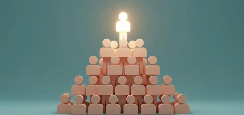 Eine Menschenpyramide. Der Mensch an der Spitze leuchtet.