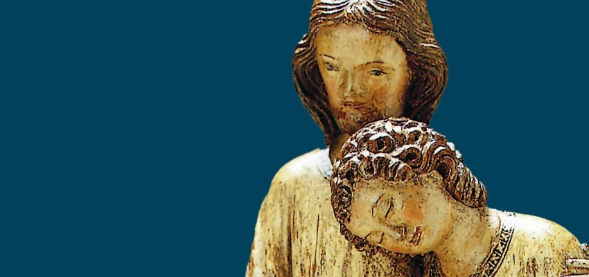 Mitgefühl setzt Stille voraus. Anregungen für das seelsorgerliche Gespräch. Banner von einer Jesus Figur mit einer Person die sich an ihm lehnt.