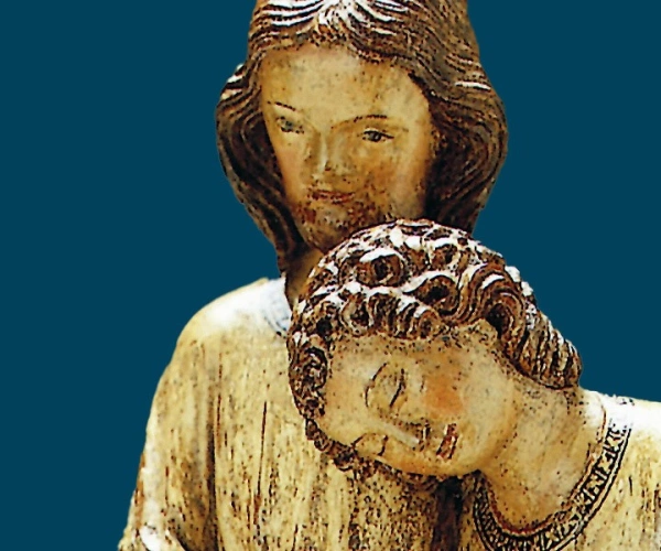 Mitgefühl setzt Stille voraus. Anregungen für das seelsorgerliche Gespräch. Banner von einer Jesus Figur mit einer Person die sich an ihm lehnt.