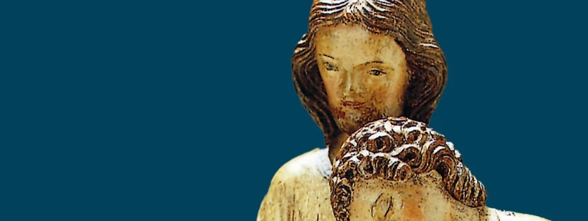 Mitgefühl setzt Stille voraus. Anregungen für das seelsorgerliche Gespräch. Banner von einer Jesus Figur mit einer Person die sich an ihm lehnt.