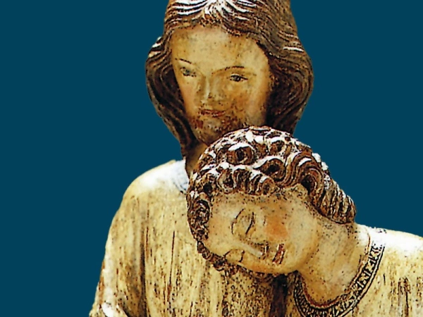 Mitgefühl setzt Stille voraus. Anregungen für das seelsorgerliche Gespräch. Banner von einer Jesus Figur mit einer Person die sich an ihm lehnt.