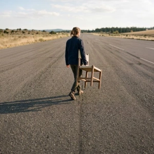 Mensch trägt einen leeren Stuhl auf einsamer Straße