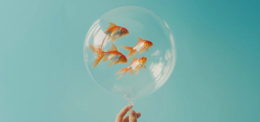 KI-generiertes BIld von vier Goldfischen in einer Blase am Ende einer Hand