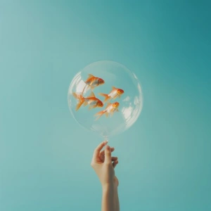 KI-generiertes BIld von vier Goldfischen in einer Blase am Ende einer Hand