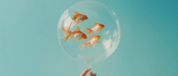 KI-generiertes BIld von vier Goldfischen in einer Blase am Ende einer Hand