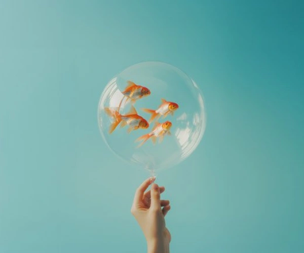 KI-generiertes BIld von vier Goldfischen in einer Blase am Ende einer Hand