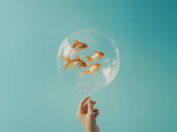 KI-generiertes BIld von vier Goldfischen in einer Blase am Ende einer Hand