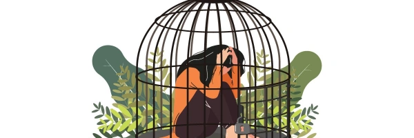 Zwischen Angst und der Sehnsucht nach Leben. Wenn Missbrauch die heile Welt zerbricht. Carolin Schneider im Gespräch mit Ille Ochs. Bild einer Frau in einem Käfig gefangen.